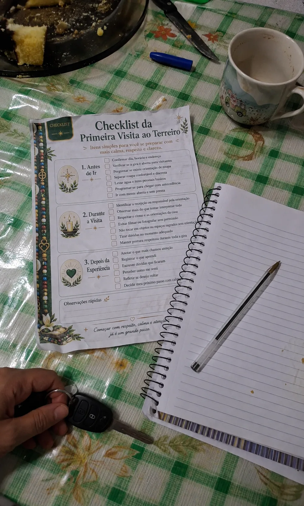 Checklist da Primeira Visita ao Terreiro impresso sobre a mesa